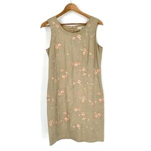 Casual Corner Sheath Dress Womens Sz 8 Tan Floral Embroidered 100% Silk Cocktail
